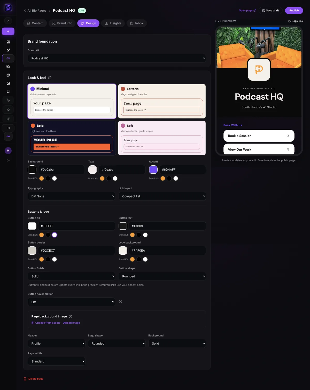 Social Studio Bio Pages design dashboard